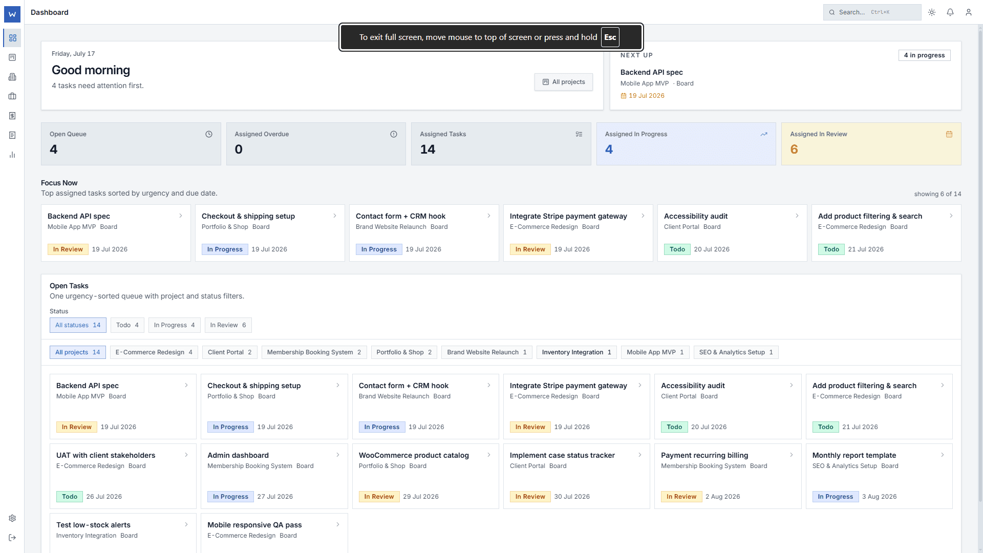 Worklane OS dashboard, a client application built on the B2C foundation